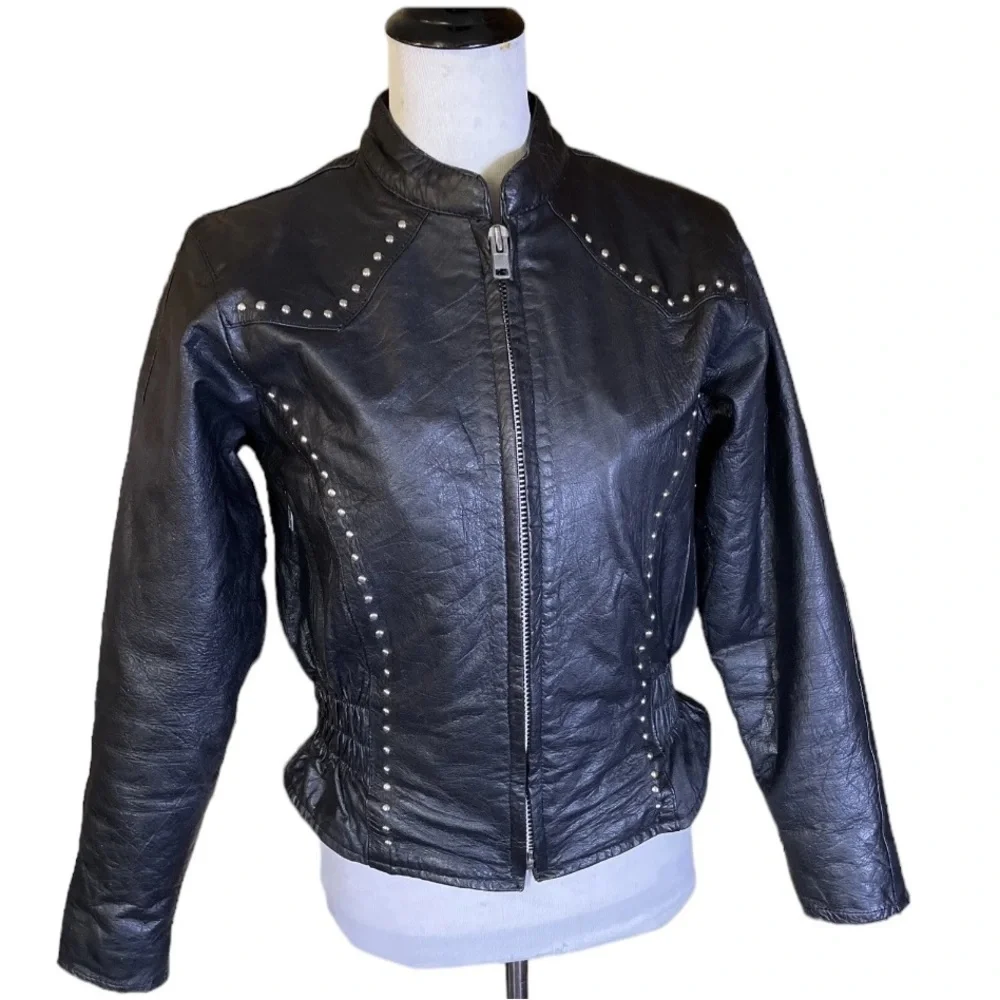 Vintage 80s Black Biker Rock-N-Roll Leather Studded Jacket Zip-Front - Picture 3 of 10
